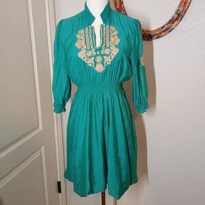 Neslay Paris Teal Green Embroidered Boho Mini Poof Bubble Dress Large